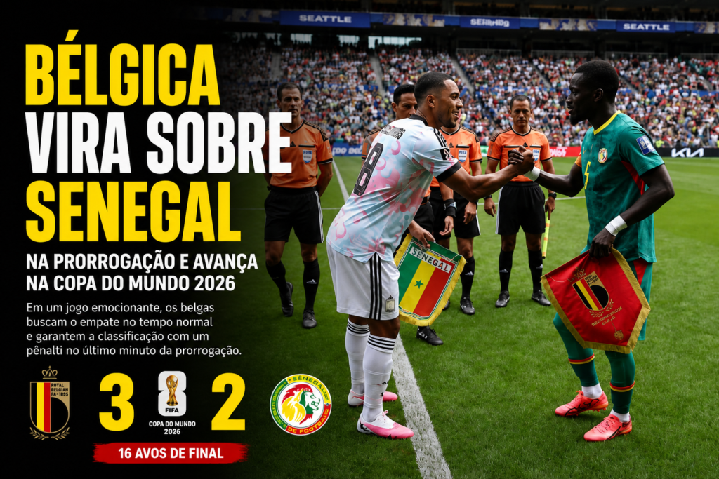 Bélgica vence Senegal por 3 a 2 na prorrogação pelos 16 avos de final da Copa do Mundo FIFA 2026, em Seattle, e garante vaga nas oitavas de final após virada emocionante.
