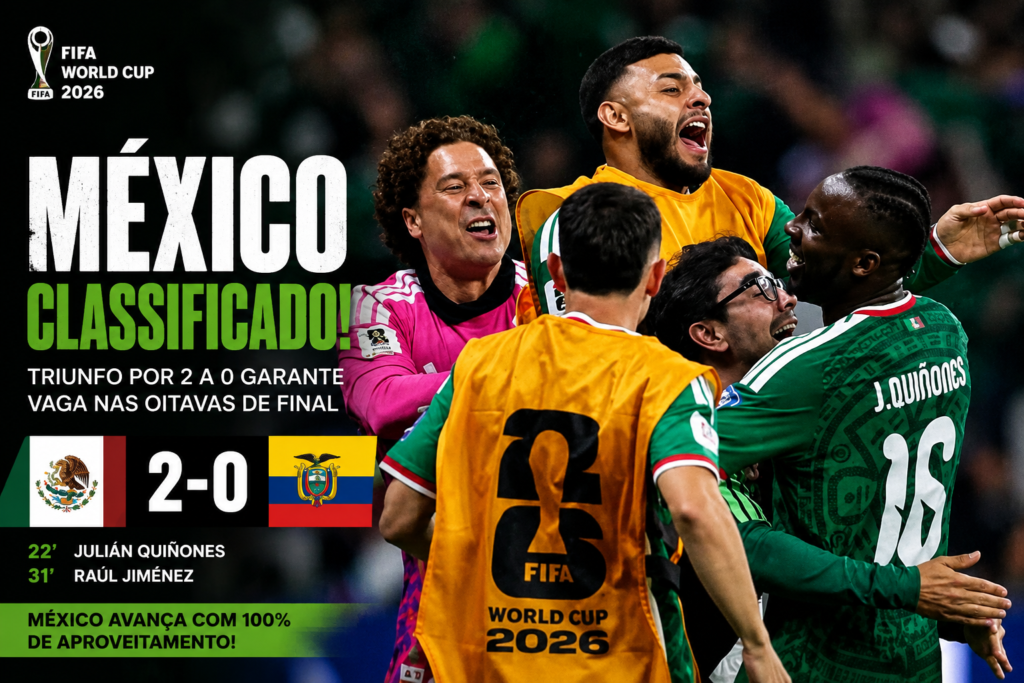 Seleção do México comemora a vitória por 2 a 0 sobre o Equador no Estádio Azteca e garante classificação às oitavas de final da Copa do Mundo FIFA 2026 com gols de Julián Quiñones e Raúl Jiménez.