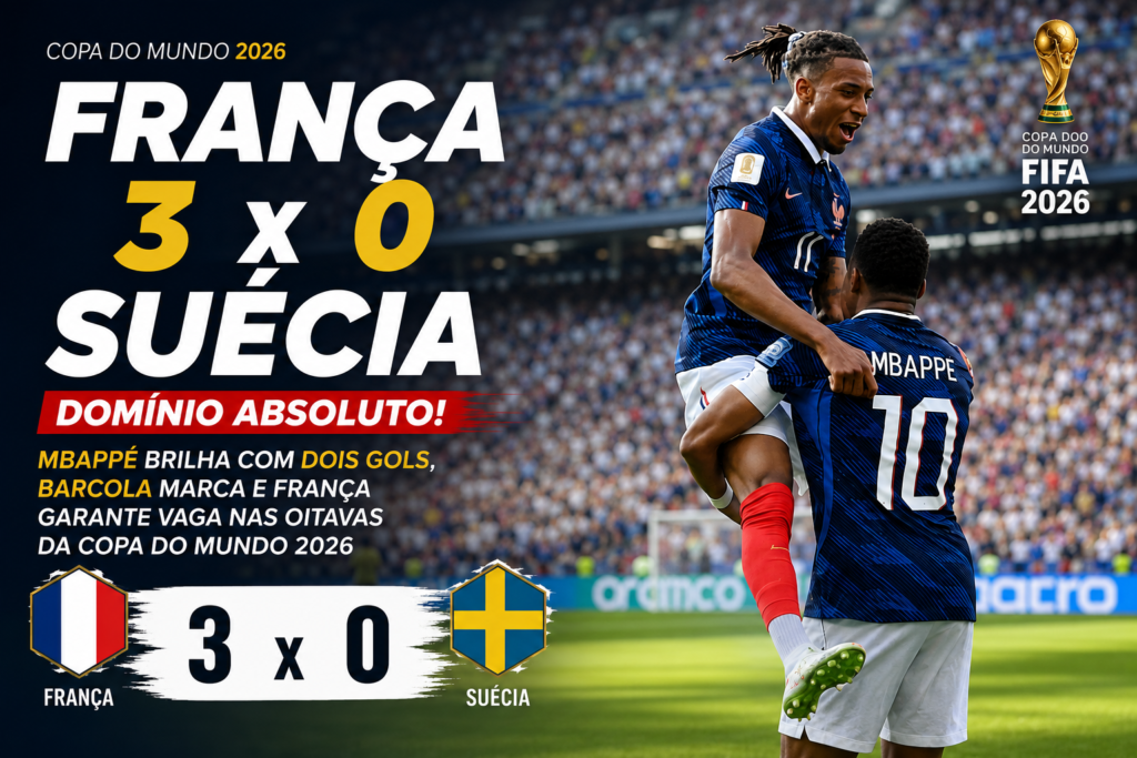 França vence a Suécia por 3 a 0 na Copa do Mundo FIFA 2026, com comemoração de Kylian Mbappé e Bradley Barcola após a classificação francesa para as oitavas de final.