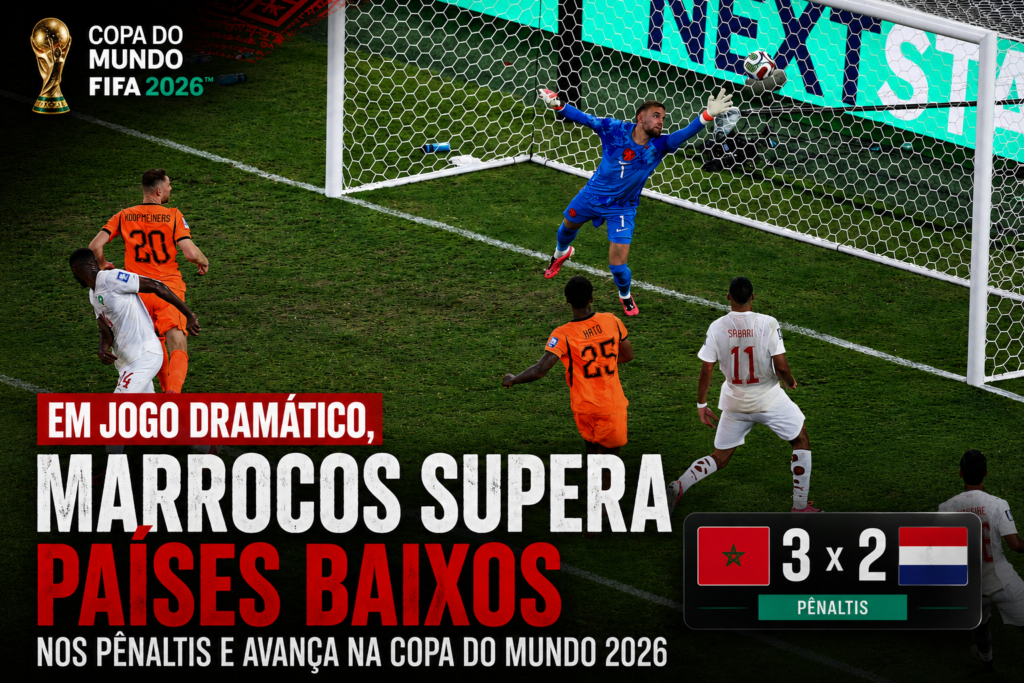 Marrocos elimina os Países Baixos nos pênaltis por 3 a 2 após empate por 1 a 1 e garante classificação às oitavas de final da Copa do Mundo FIFA 2026 em jogo dramático no Estádio de Monterrey.