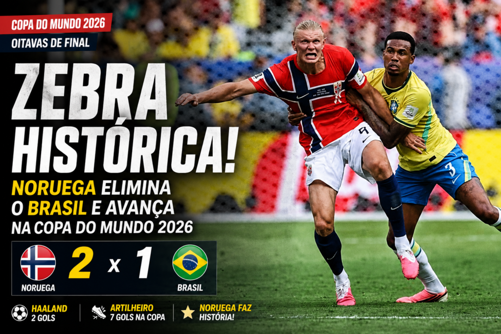 Erling Haaland disputa bola com defensor do Brasil durante a vitória da Noruega por 2 a 1 nas oitavas de final da Copa do Mundo FIFA 2026, resultado que eliminou a Seleção Brasileira e garantiu a classificação histórica dos noruegueses às quartas de final.