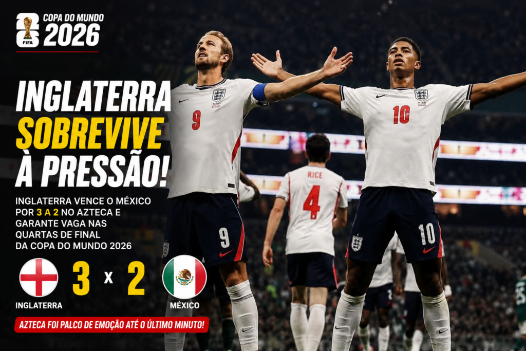 Harry Kane e Jude Bellingham comemoram a vitória da Inglaterra por 3 a 2 sobre o México nas oitavas de final da Copa do Mundo FIFA 2026, resultado que garantiu a classificação inglesa para as quartas de final no Estádio Azteca.