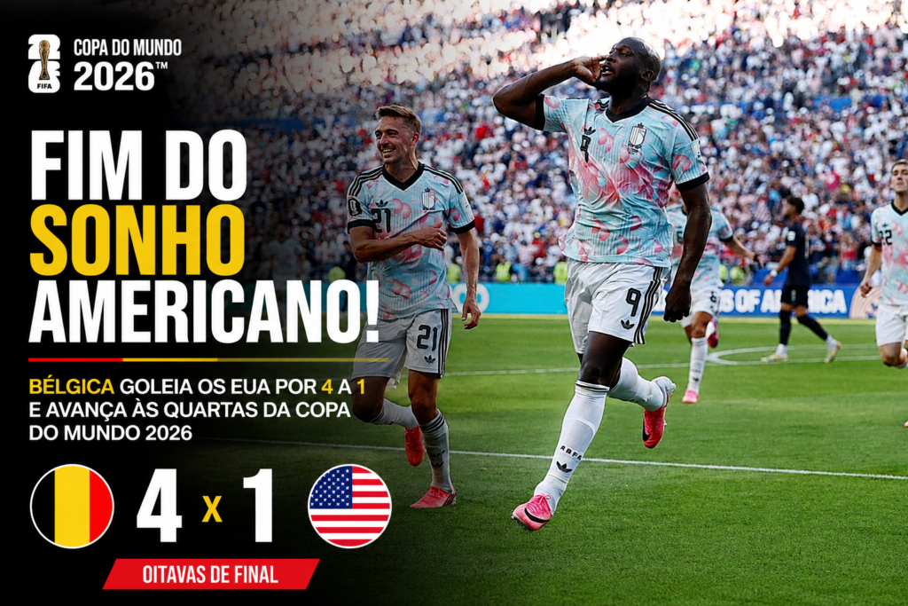 Romelu Lukaku comemora gol na vitória da Bélgica por 4 a 1 sobre os Estados Unidos pelas oitavas de final da Copa do Mundo FIFA 2026, garantindo vaga nas quartas de final.