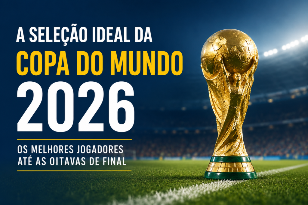 Seleção ideal da Copa do Mundo 2026 com a taça da FIFA em destaque em um estádio de futebol.