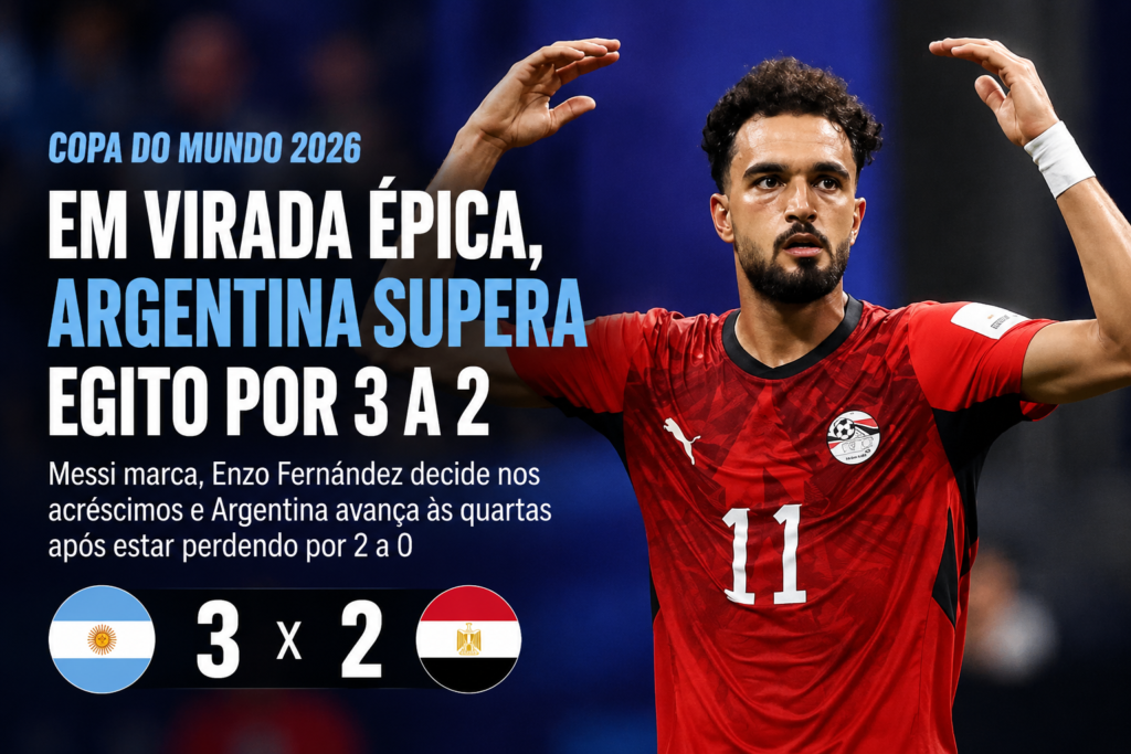 Argentina vence o Egito por 3 a 2 de virada nas oitavas de final da Copa do Mundo 2026.