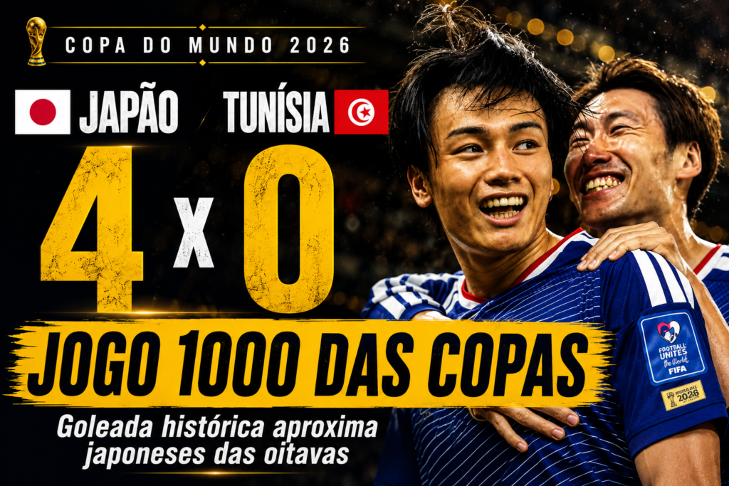 Jogadores da seleção do Japão comemoram a goleada por 4 a 0 sobre a Tunísia no milésimo jogo da história das Copas do Mundo FIFA 2026, em partida válida pelo Grupo F.