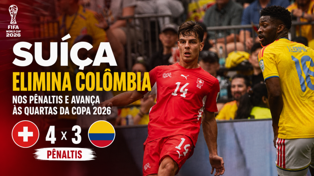 Suíça elimina a Colômbia nos pênaltis por 4 a 3 nas oitavas de final da Copa do Mundo FIFA 2026 em partida disputada no BC Place, em Vancouver.