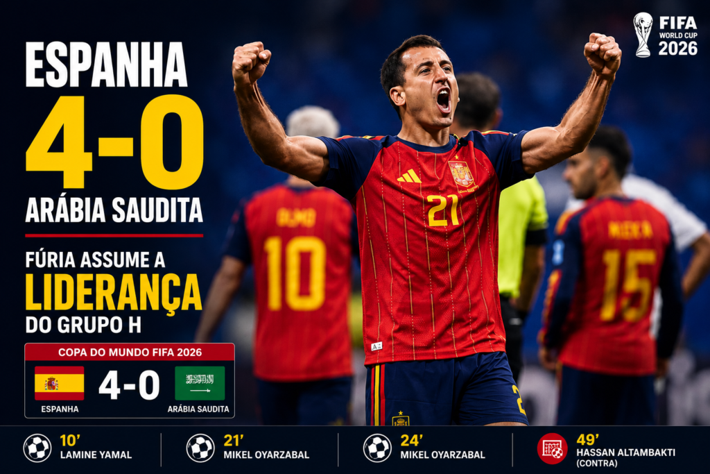 Espanha 4 x 0 Arábia Saudita: Mikel Oyarzabal celebra durante a goleada da seleção espanhola pela fase de grupos da Copa do Mundo FIFA 2026, assumindo a liderança do Grupo H.
