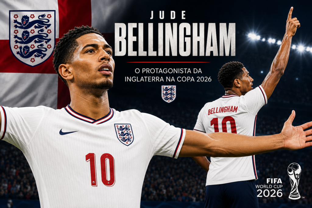 Jude Bellingham celebra durante a campanha da Inglaterra na Copa do Mundo 2026, destacando seu protagonismo e atuações decisivas rumo às semifinais do torneio.