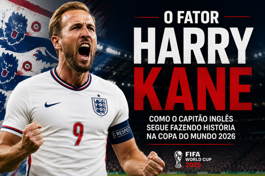 Harry Kane comemora pela Inglaterra durante a Copa do Mundo FIFA 2026, destacando sua liderança e campanha histórica rumo às semifinais do torneio.