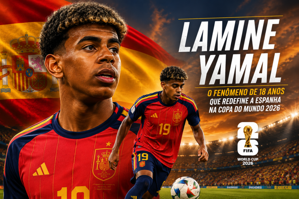 Lamine Yamal em ação pela Espanha durante a Copa do Mundo FIFA 2026, destaque da seleção espanhola e um dos principais jovens talentos do torneio.