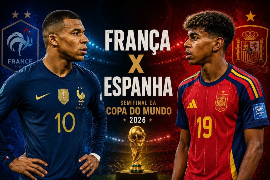 França x Espanha na semifinal da Copa do Mundo 2026, com Kylian Mbappé e Lamine Yamal em destaque antes do confronto decisivo por uma vaga na final do Mundial.