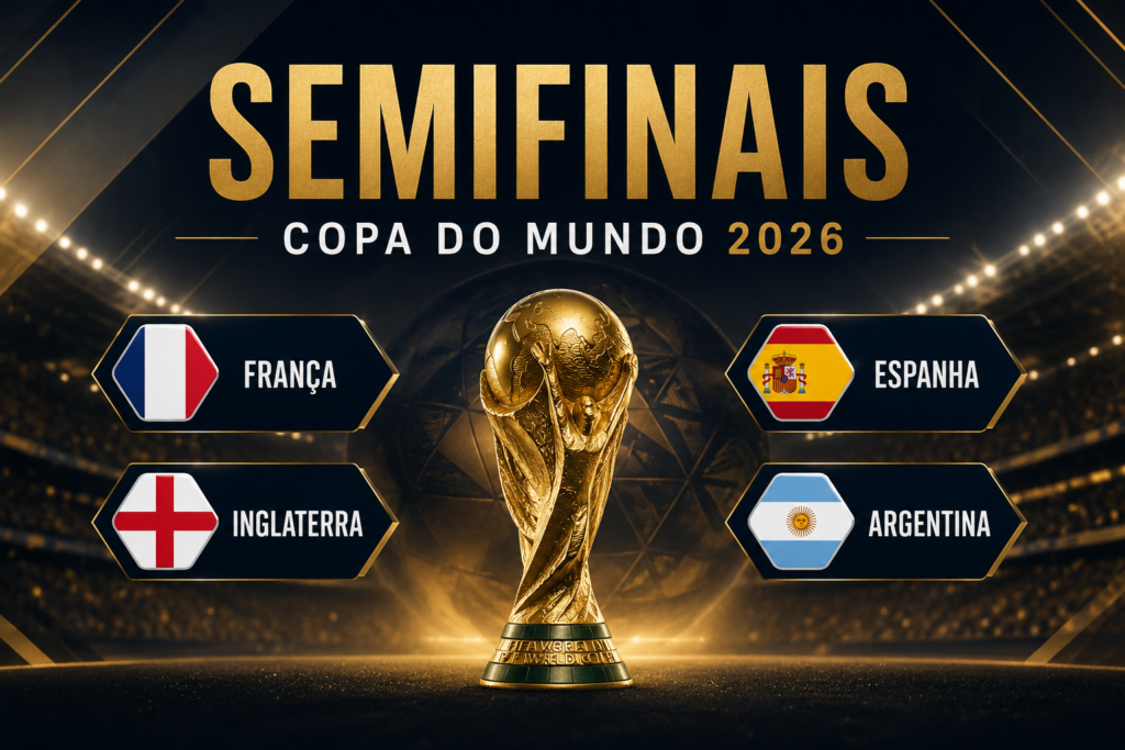 Semifinais da Copa do Mundo 2026 com os confrontos França x Espanha e Inglaterra x Argentina.