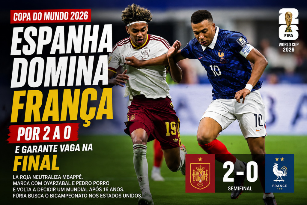 Espanha vence a França por 2 a 0 na semifinal da Copa do Mundo FIFA 2026, com Lamine Yamal e Kylian Mbappé disputando a bola em ação durante a partida que garantiu a classificação espanhola para a final.