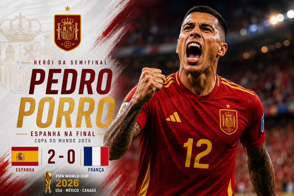 Pedro Porro celebra a classificação da Espanha para a final da Copa do Mundo 2026 após marcar na vitória por 2 a 0 sobre a França na semifinal.