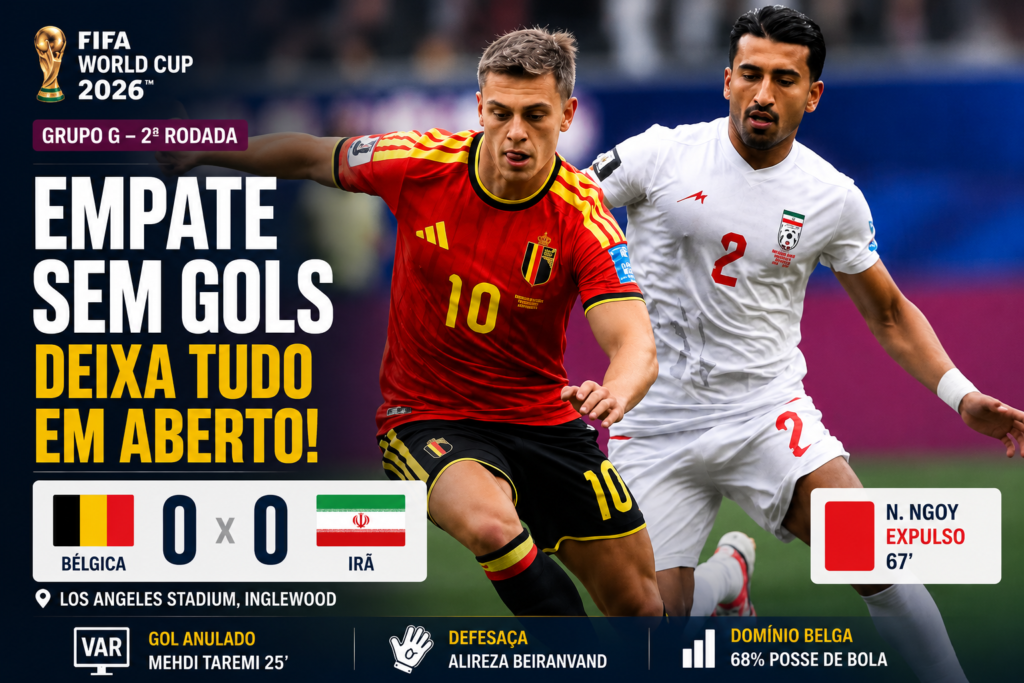 Jogadores de Bélgica e Irã disputam a bola durante empate por 0 a 0 no Los Angeles Stadium, em Inglewood, pela segunda rodada do Grupo G da Copa do Mundo FIFA 2026. Partida teve expulsão de Nathan Ngoy, gol anulado do Irã e manteve a disputa pela classificação totalmente aberta.