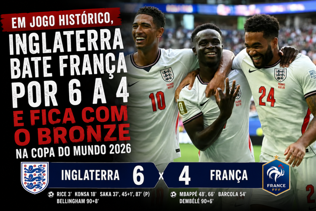 Inglaterra comemora vitória por 6 a 4 sobre a França na disputa pelo terceiro lugar da Copa do Mundo FIFA 2026, conquistando a medalha de bronze após partida histórica em Miami.