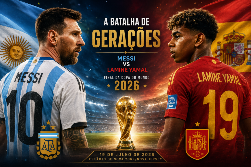 Lamine Yamal e Lionel Messi frente a frente na final da Copa do Mundo FIFA 2026 entre Espanha e Argentina.