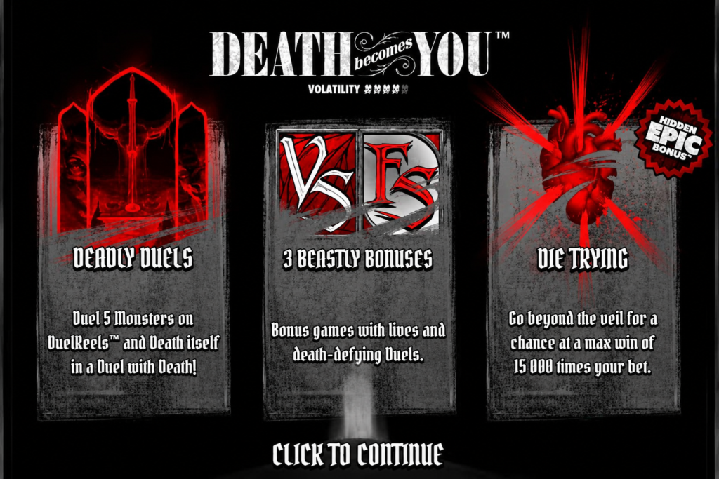 Slot Death Becomes You destacando DuelReels, os três bônus principais, Duel With Death e prêmio máximo de 15.000x.