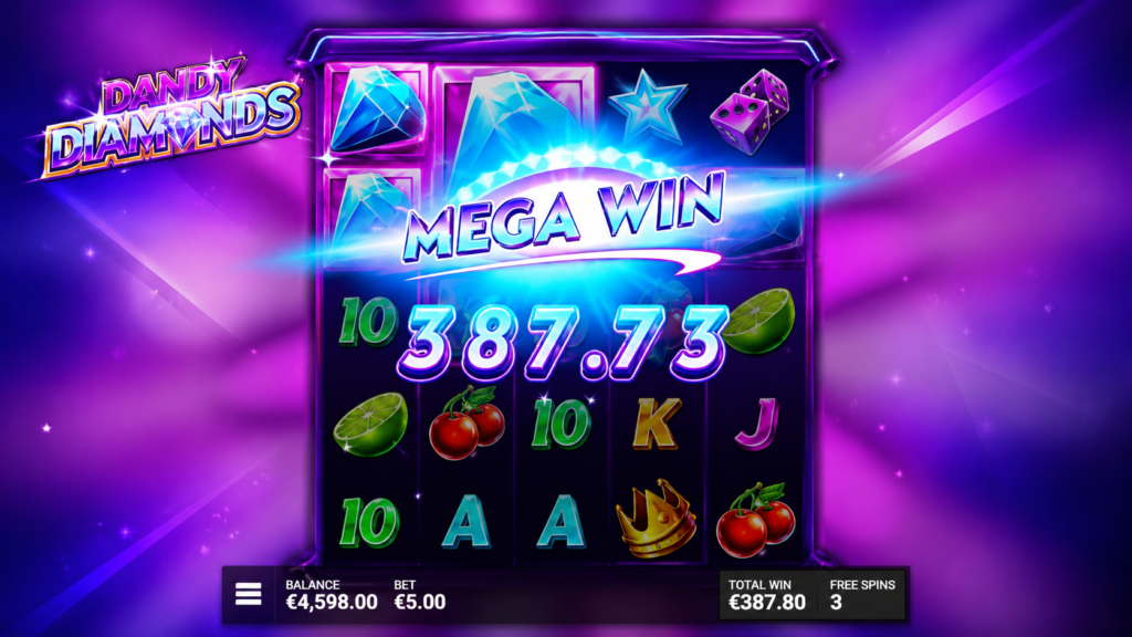 Mega Win no slot Dandy Diamonds da Hacksaw Gaming durante uma rodada com símbolos de diamante e multiplicadores.