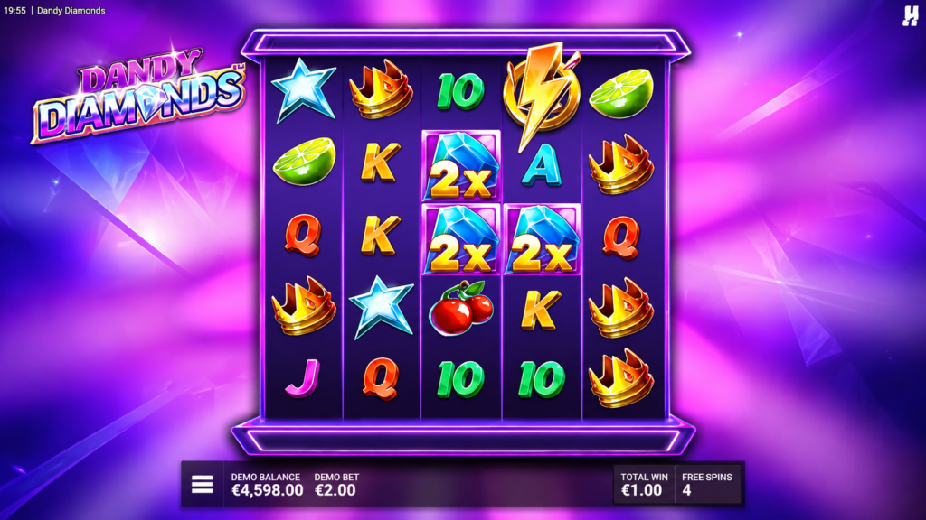 Tela de jogo do slot Dandy Diamonds da Hacksaw Gaming com símbolos de diamante, multiplicadores 2x, raio Bolt, coroas e frutas durante uma rodada de giros grátis.