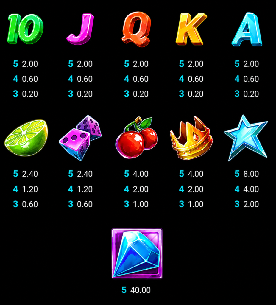 Tabela de pagamentos do slot Dandy Diamonds da Hacksaw Gaming com símbolos de cartas, frutas, coroa, estrela, dados e diamante Wild, além dos respectivos multiplicadores.