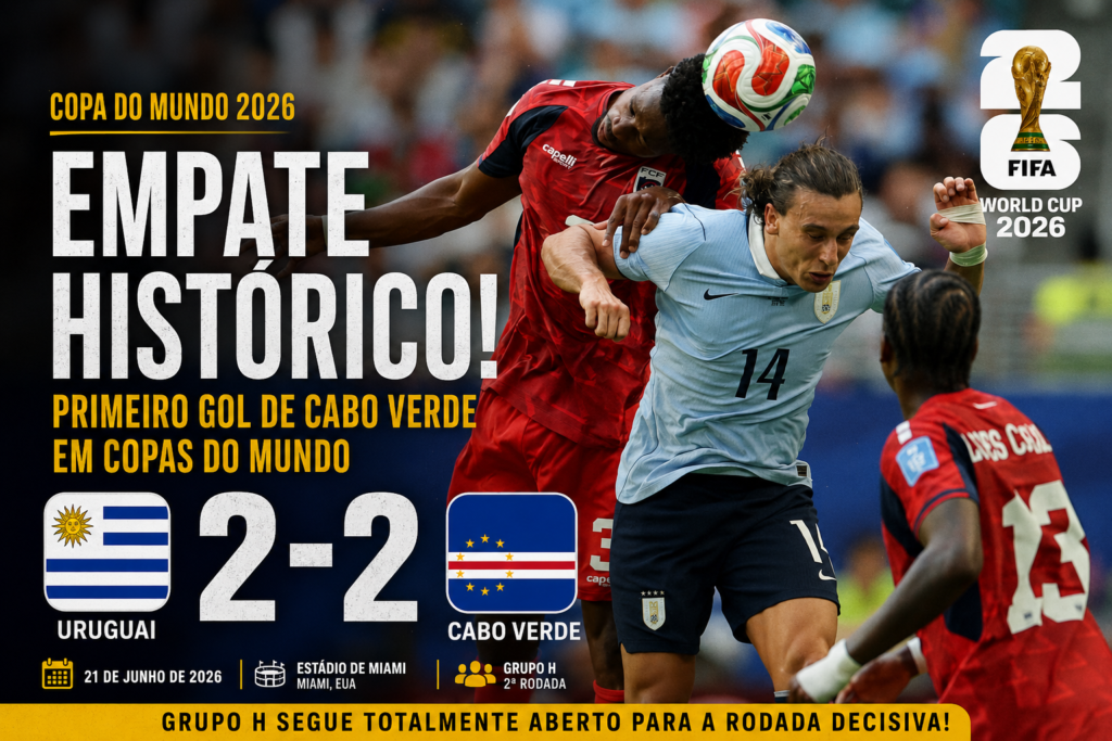 Uruguai x Cabo Verde pela Copa do Mundo 2026: jogadores disputam lance aéreo em partida que terminou empatada por 2 a 2 e manteve o Grupo H totalmente aberto para a última rodada.