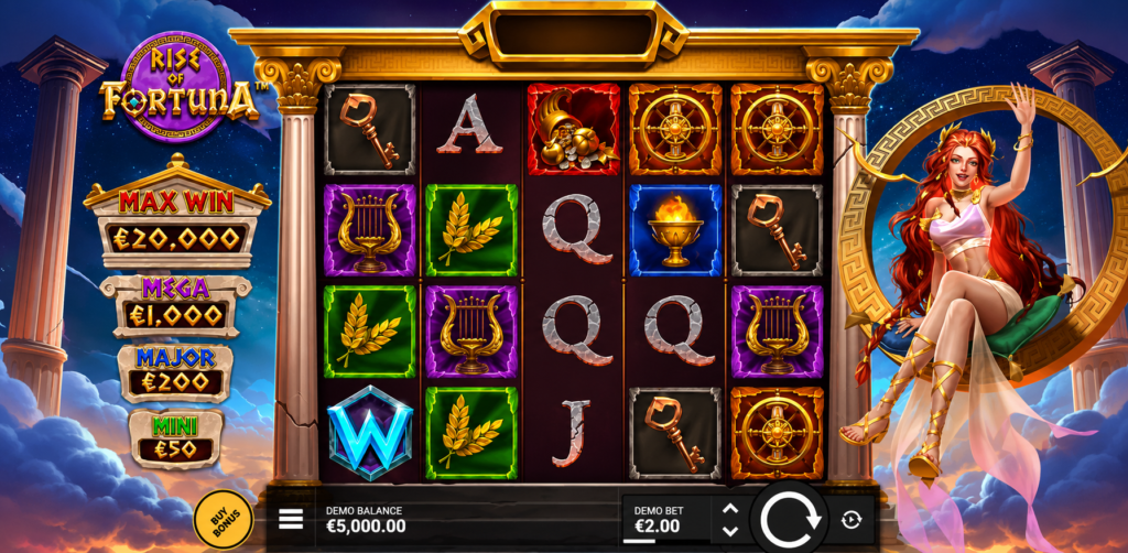 Gameplay do jogo de slot Rise of Fortuna, com layout 5x4, símbolos Wild, Fortuna Wheels, jackpots Mini, Major, Mega e Max Win, além da personagem Lady Fortuna ao lado dos rolos.