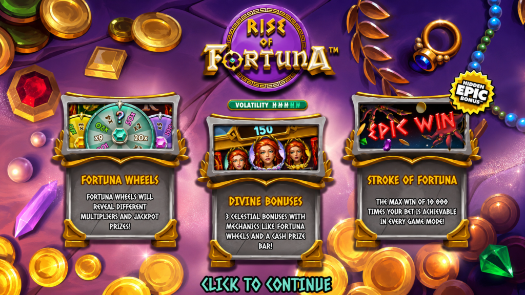 Bônus e recursos especiais do slot Rise of Fortuna da Hacksaw Gaming, como as Fortuna Wheels, bônus Lucky Charm, She Who Spins e Fortune is Blind, além do ganho máximo de 10.000x.