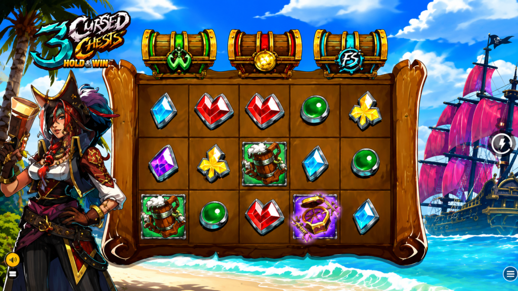 Gameplay do slot 3 Cursed Chests: Hold & Win da Hacksaw Gaming com três baús amaldiçoados, símbolos piratas, Anne Bonny e tabuleiro de 5 rolos durante a jogabilidade.