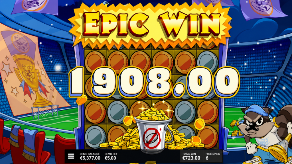 Epic Win no slot Le Football Fan da Hacksaw Gaming com prêmio de 1.908x, moedas acumuladas, animação de grande vitória e recompensa elevada durante a rodada bônus.