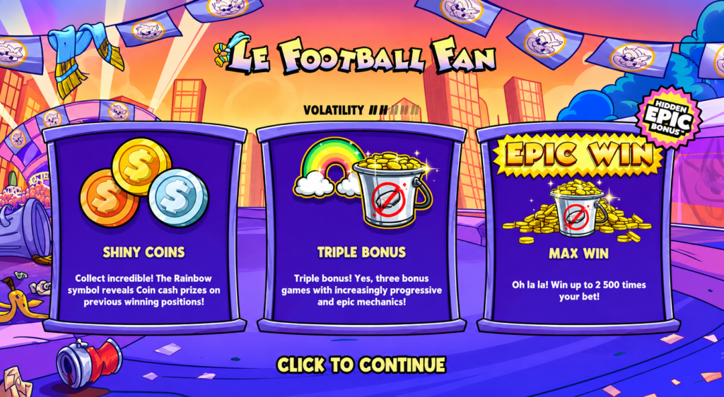 Slot Le Football Fan com RTP de 96,41%, volatilidade média, recursos Shiny Coins, Triple Bonus, Hidden Epic Bonus e ganho máximo de 2.500x a aposta.