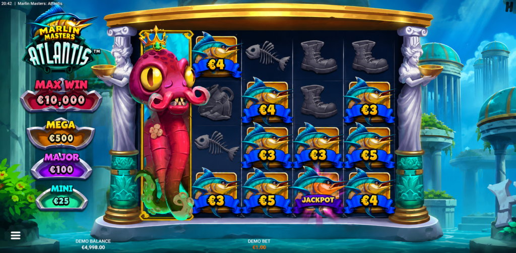 Recurso Kraken Collector no slot Marlin Masters: Atlantis da Hacksaw Gaming coletando símbolos Marlin e Jackpot durante uma rodada com tema de Atlântida.