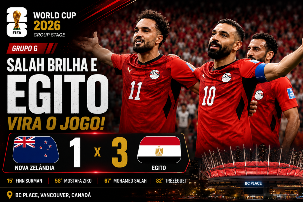 Mohamed Salah comemora a vitória do Egito por 3 a 1 sobre a Nova Zelândia pela Copa do Mundo 2026, em partida válida pelo Grupo G, disputada no BC Place, em Vancouver, no Canadá.