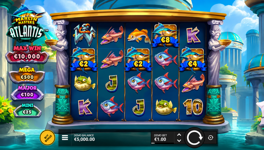 Gameplay do slot Marlin Masters: Atlantis da Hacksaw Gaming com tema de Atlântida, símbolos Marlin, jackpots Mini, Major e Mega, RTP de 96,27% e prêmio máximo de 10.000x.