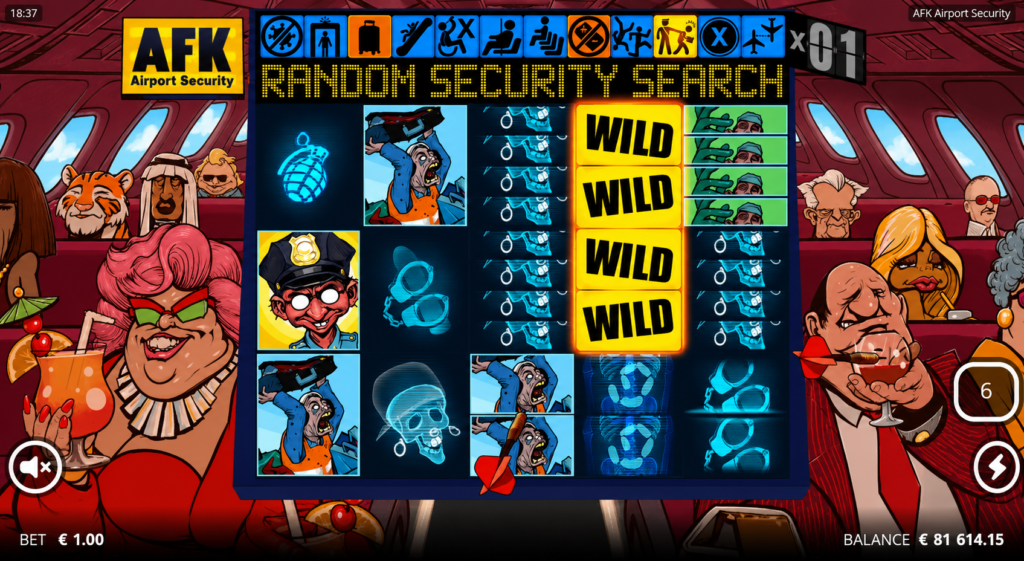 Tela do slot AFK Airport Security da Nolimit City durante a ativação do recurso Random Security Search, com símbolos Wild empilhados.