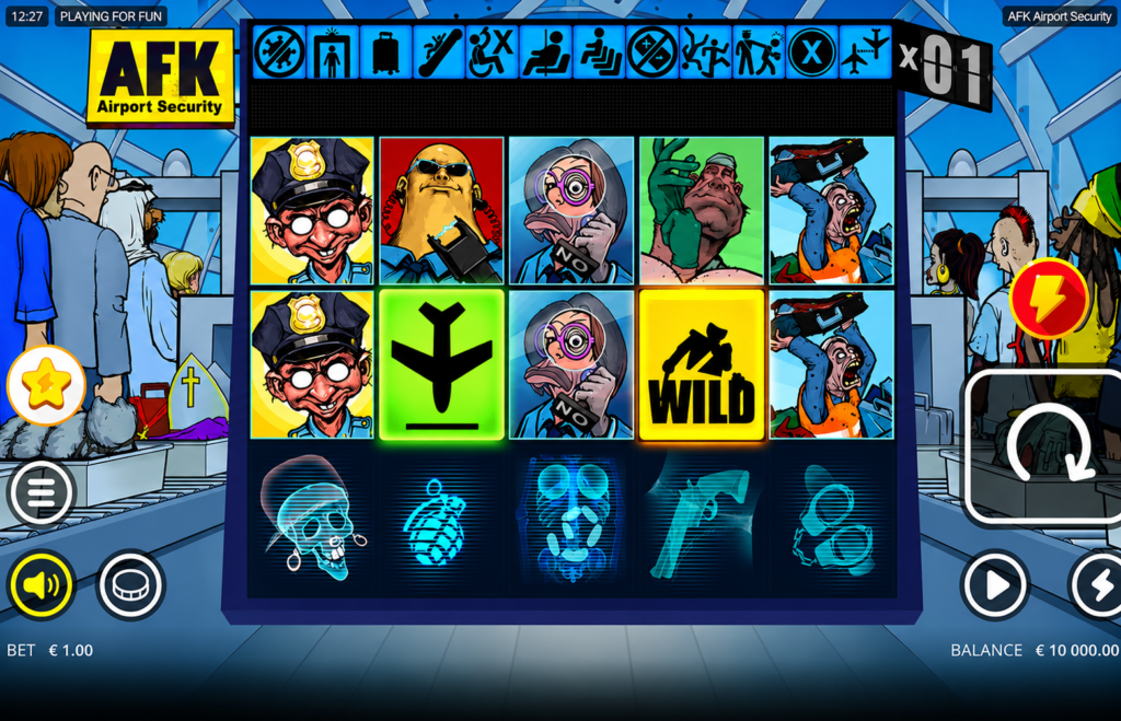 Slot AFK Airport Security da Nolimit City mostrando os rolos, o Feature Meter com 12 modificadores, símbolos de personagens, Wild, ícones de raio-X e mecânicas de alta volatilidade durante uma rodada de jogo.