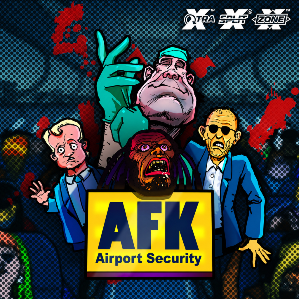 AFK Airport Security da Nolimit City, slot online de alta volatilidade com temática de segurança aeroportuária, recursos Xtra Split, XZone e multiplicadores.
