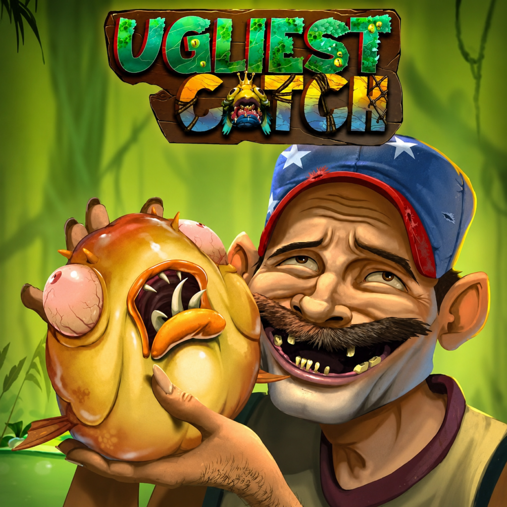 Slot Ugliest Catch da Nolimit City com pescador segurando um peixe mutante grotesco em um pântano tóxico, destacando a temática de pescaria, alta volatilidade e potencial de ganho de até 50.000x.