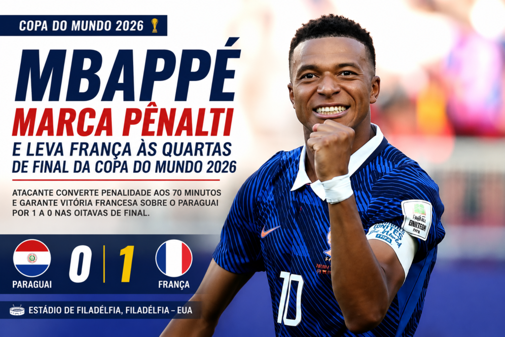 Mbappé comemora gol de pênalti na vitória da França por 1 a 0 sobre o Paraguai pelas oitavas de final da Copa do Mundo FIFA 2026, garantindo a classificação francesa para as quartas de final.