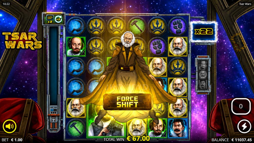 Recurso Force Shift em ação no slot Tsar Wars da Nolimit City, mostrando a mecânica Cluster Pays, multiplicador x22, símbolos especiais e combinação vencedora durante uma rodada de alta volatilidade.