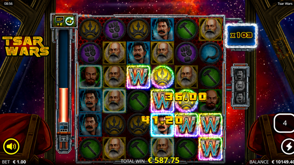 Rodada do slot Tsar Wars da Nolimit City com símbolos Wild em destaque, multiplicador x103, mecânica Cluster Pays e combinação vencedora durante uma sequência de avalanches de alta volatilidade.