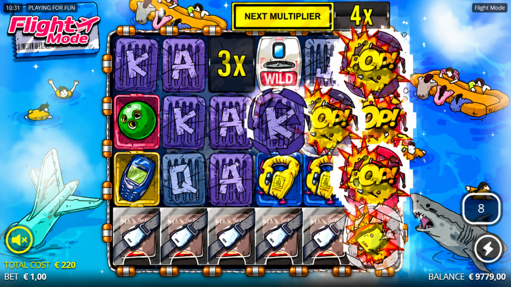 Tela de gameplay do slot Flight Mode da Nolimit City destacando o recurso Bomb em ação, símbolo Wild, multiplicador de 4x e combinações na grade de 6 rolos, com os símbolos Max Win bloqueados na quarta linha e recursos exclusivos de alta volatilidade.