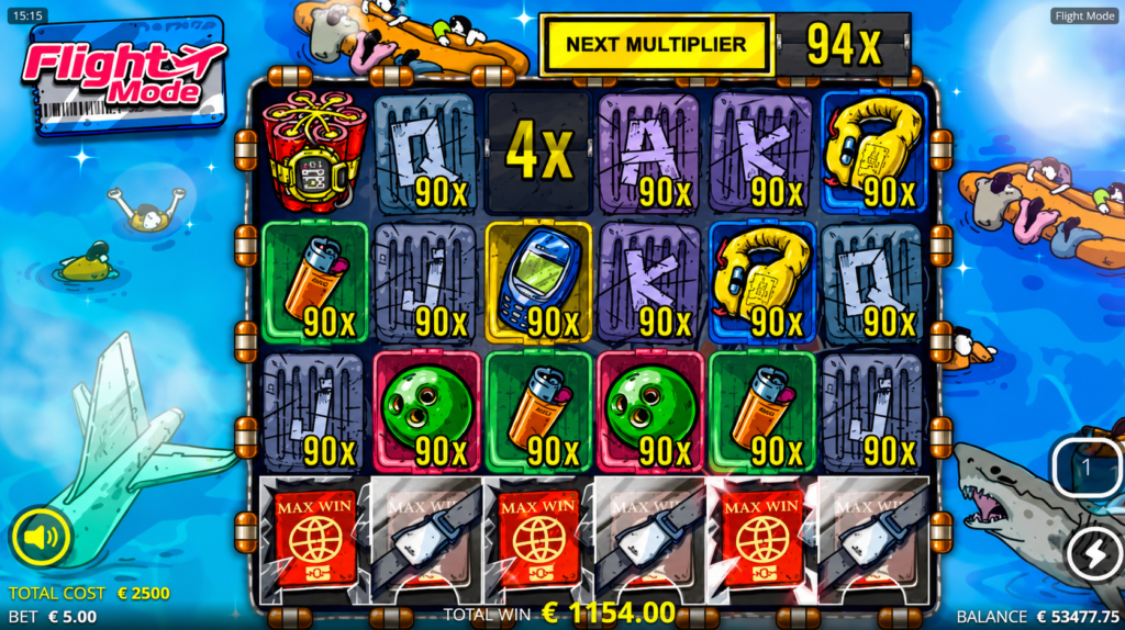 Tela de gameplay do slot Flight Mode da Nolimit City exibindo a grade de 6 rolos, multiplicador de 94x, símbolos Max Win desbloqueados, recursos especiais e combinações vencedoras durante uma rodada de alta volatilidade.