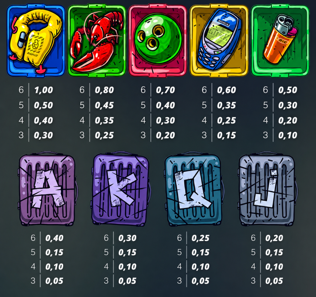 Tabela de pagamentos do slot Flight Mode da Nolimit City mostrando os símbolos premium e de baixa remuneração, incluindo colete salva-vidas, lagosta, bola de boliche, celular, isqueiro e letras A, K, Q e J, com seus respectivos multiplicadores e valores de pagamento.
