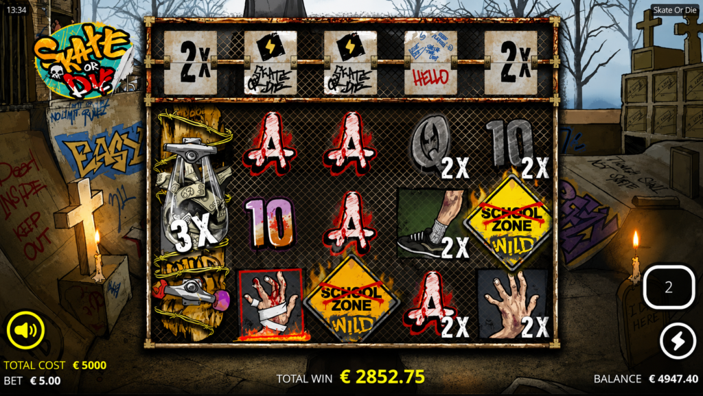Gameplay do slot Skate or Die da Nolimit City exibindo a Extra Sauce Row com multiplicadores, xNudge Wild, School Zone Wild e símbolos multiplicados durante uma rodada com alto potencial de ganhos.