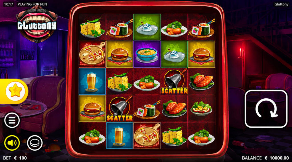 Gameplay do slot online Gluttony demo com símbolos scatters