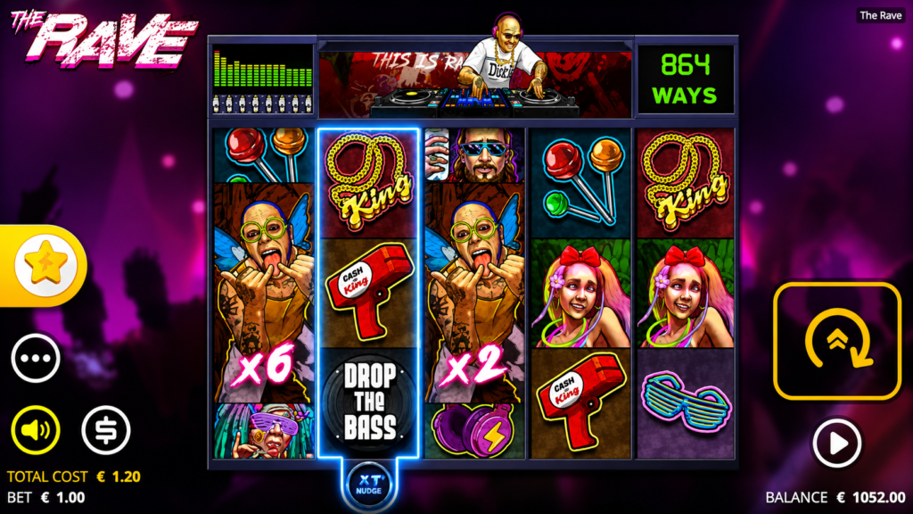 Gameplay do The Rave Slot da Nolimit City mostrando os rolos, símbolo Scatter Drop the Bass, multiplicadores, mecânicas especiais e 864 maneiras de ganhar no caça-níquel de alta volatilidade.