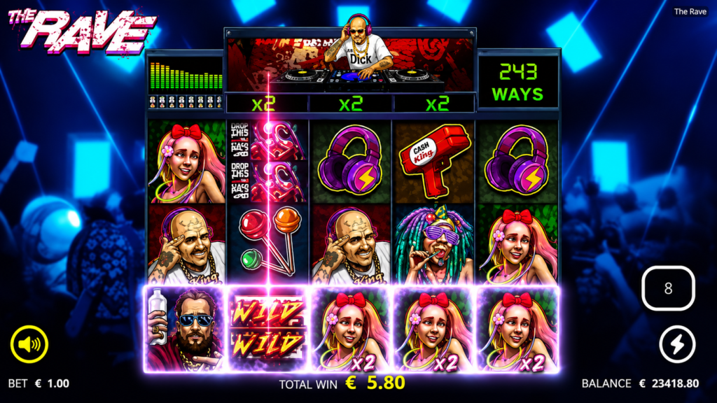 Gameplay do slot The Rave durante uma rodada com símbolo Wild, multiplicadores x2, 243 maneiras de ganhar e combinações vencedoras nos rolos do caça-níquel de alta volatilidade.
