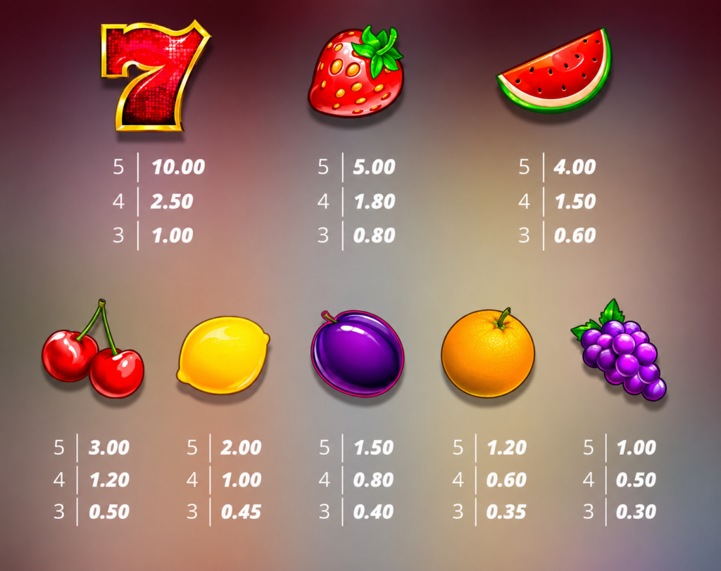 Símbolos pagantes do slot Immortal Fruits